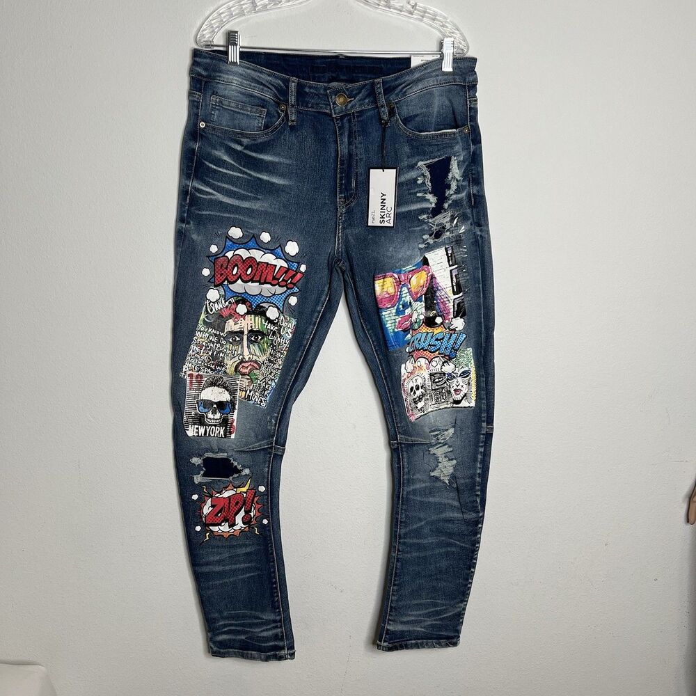 Rue 21 Premium Comic Pop Art Distressed Skinny Jeans Mens 34X30  Multicolor New